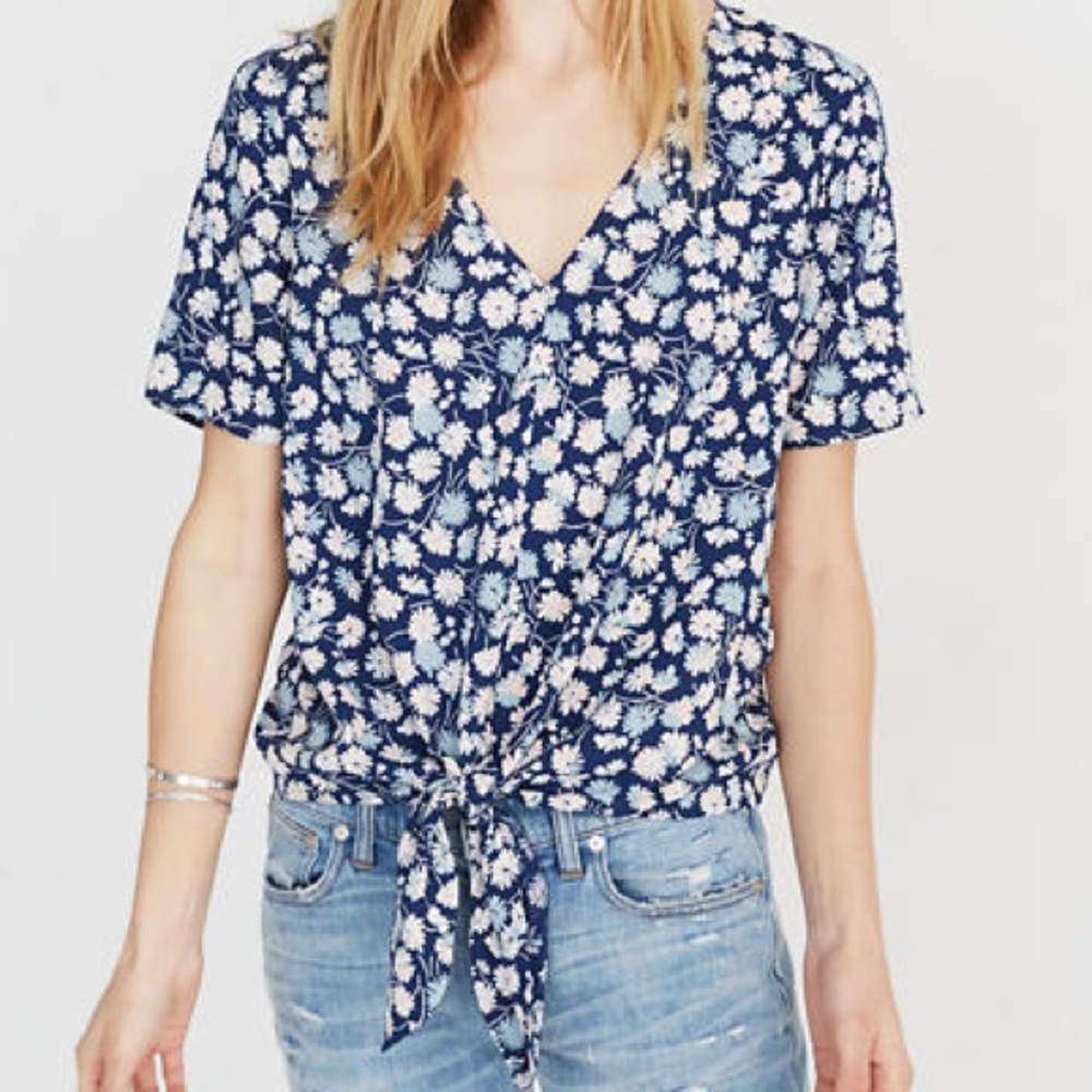 MADEWELL Novel Tie-front Blue Top in French Floral Excellent Condition